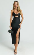 Janice Midi Dress - Knot Detail Front Split Dress in Black