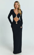 Dakota Maxi Dress - Long Sleeve V Neck Bodycon Dress in Black