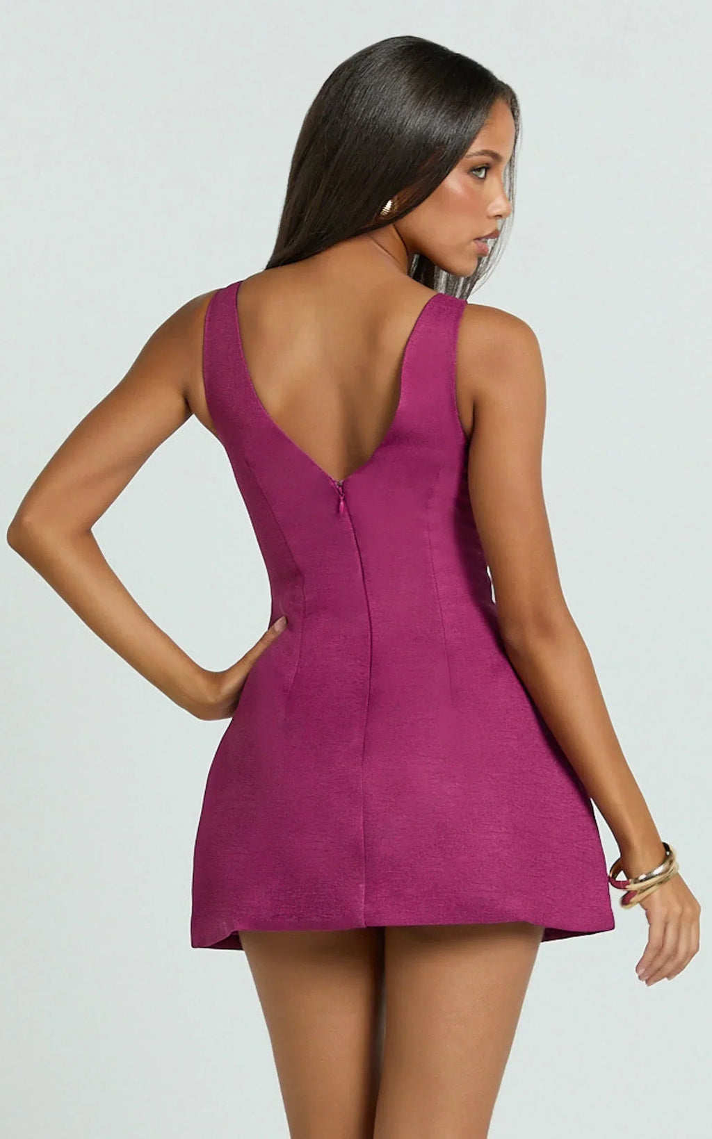 Raquelle Mini Dress - Boucle Boat Neck V Back Fit and Flare Dress in Burgundy