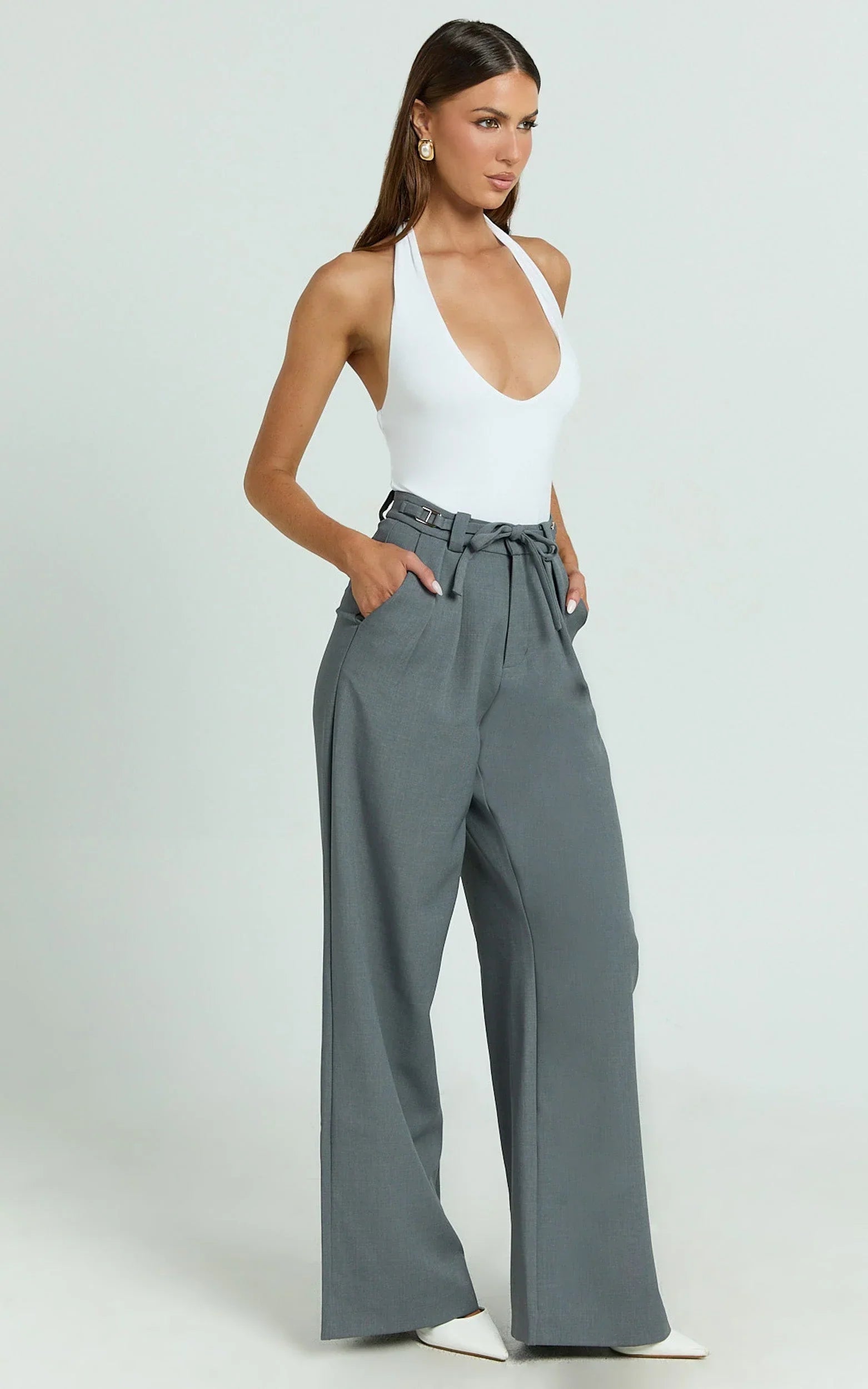 Frankie Pants - Low Rise Pleated Wide Leg Pant with Hardware Buckle in Grey