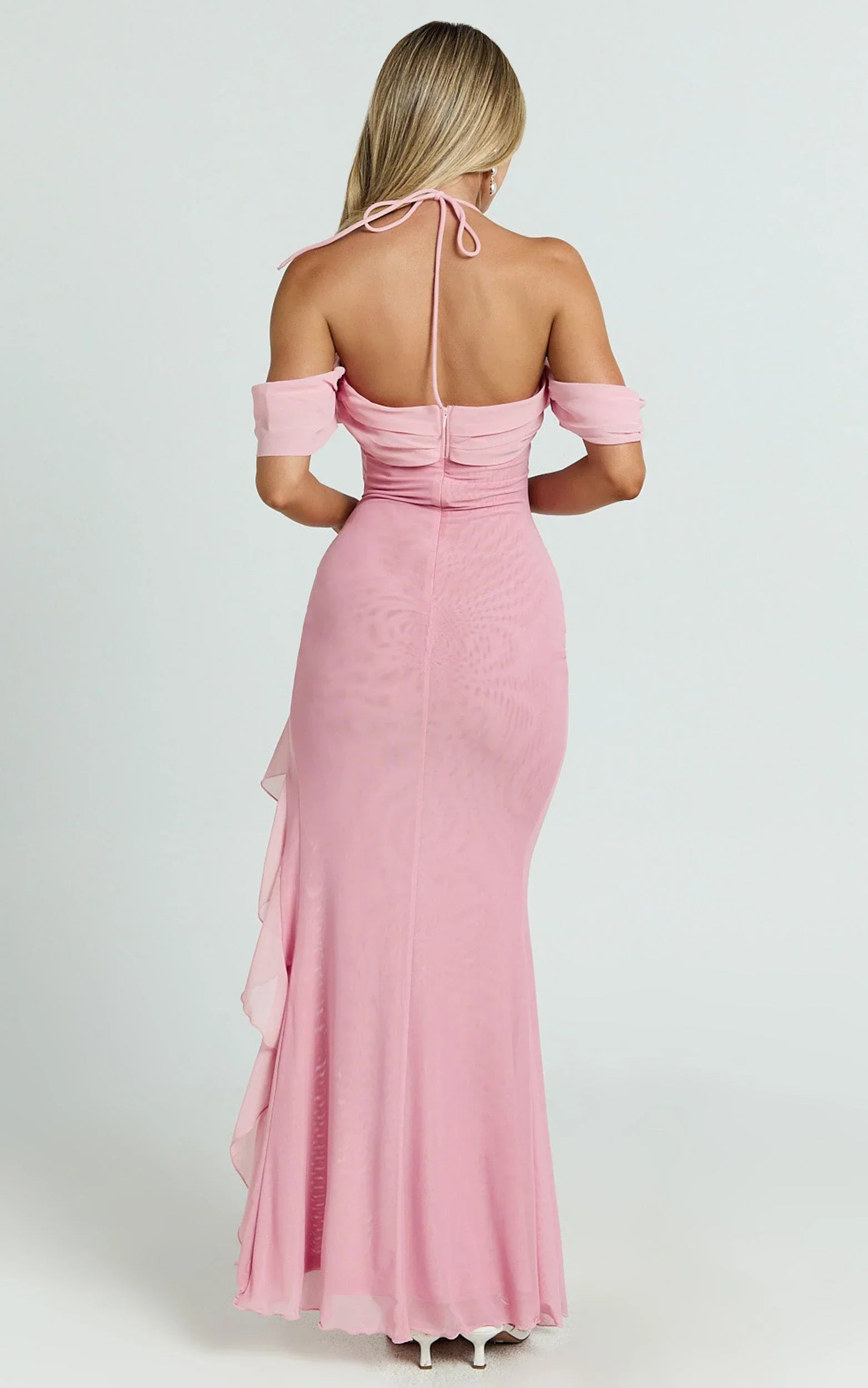 Mirabella Maxi Dress - Off Shoulder Asymmetrical Ruffle Split Dress in Blush