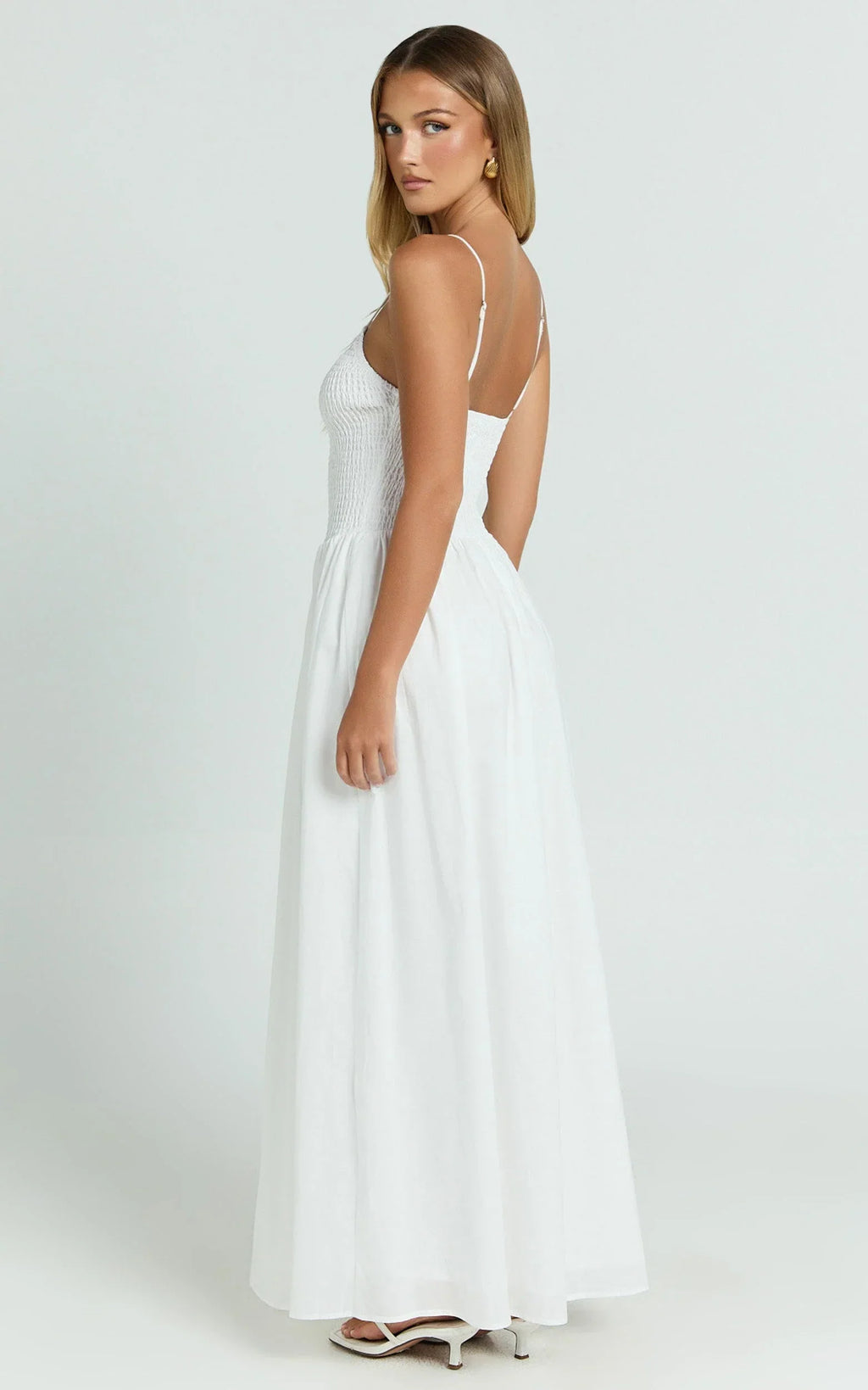 Rammy Maxi Dress - Sleeveless Shirred Dress in White