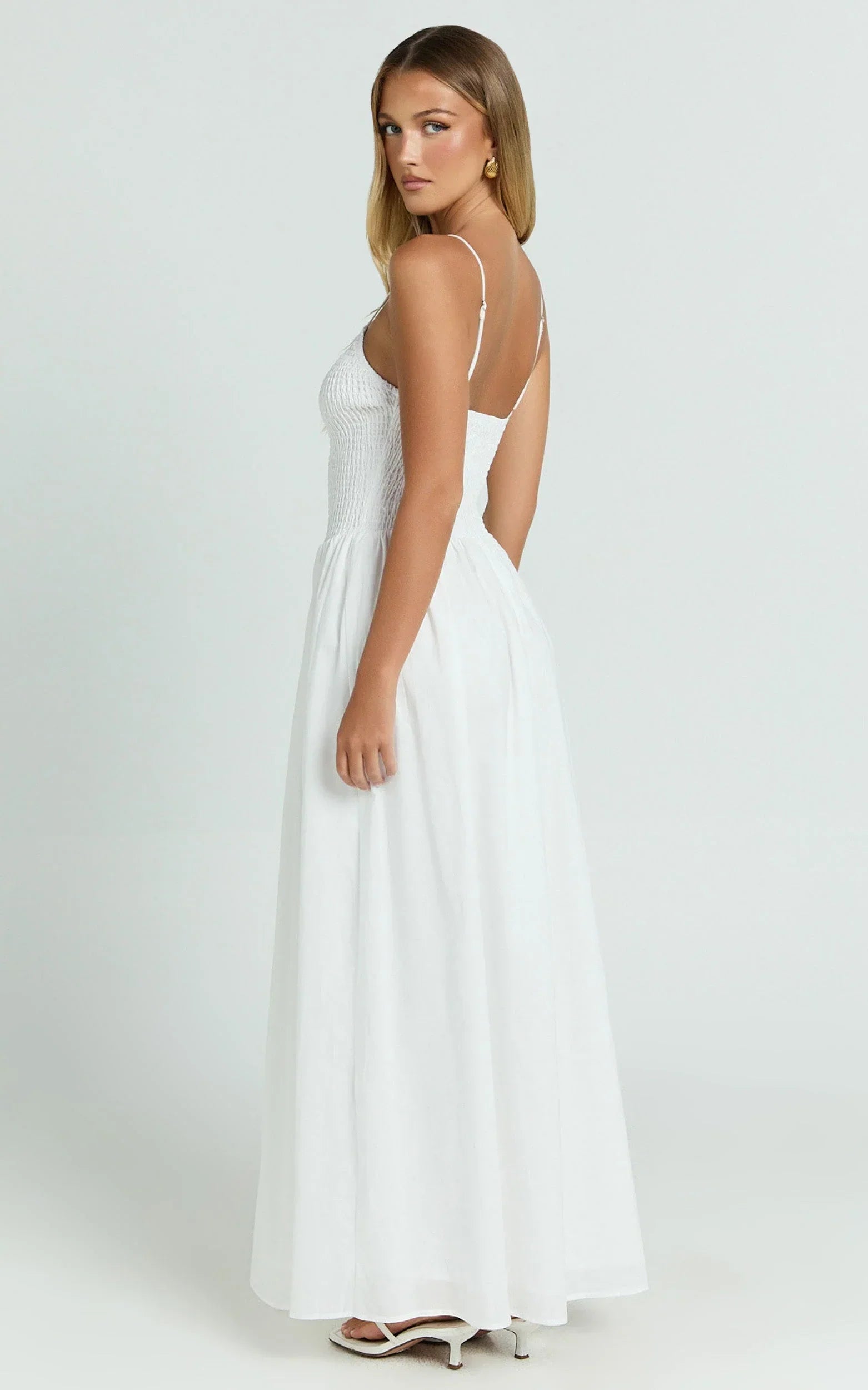 Rammy Maxi Dress - Sleeveless Shirred Dress in White