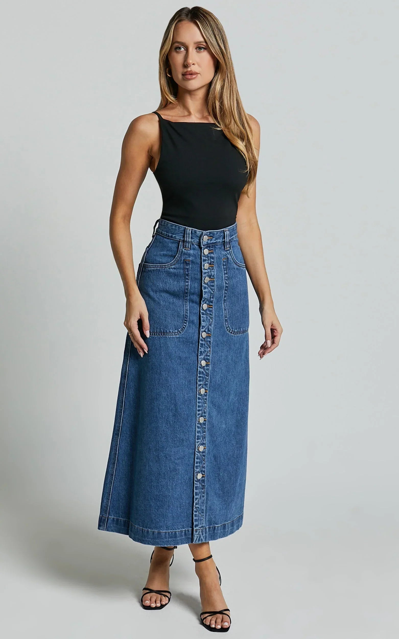 Alisa Midi Skirt - Button Through A Line Denim Skirt in Dark Blue Wash