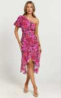 Clabelle Midi Dress - One Shoulder Ruffle Tulip Hem Dress in Violette Blur Floral