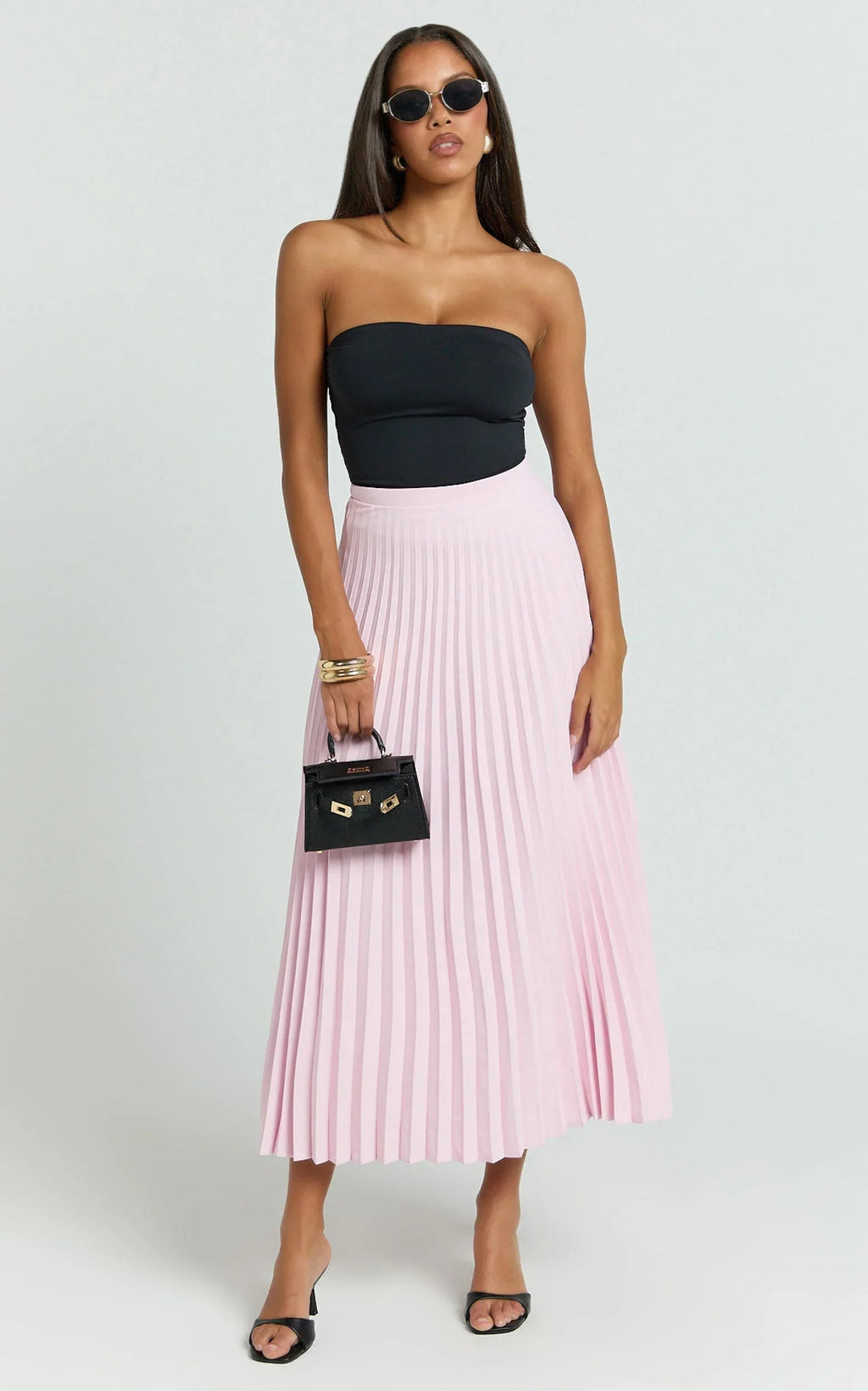 Harlee Midi Skirt - Pleated High Waist A Line Skirt in Baby Pink