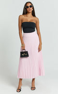 Harlee Midi Skirt - Pleated High Waist A Line Skirt in Baby Pink