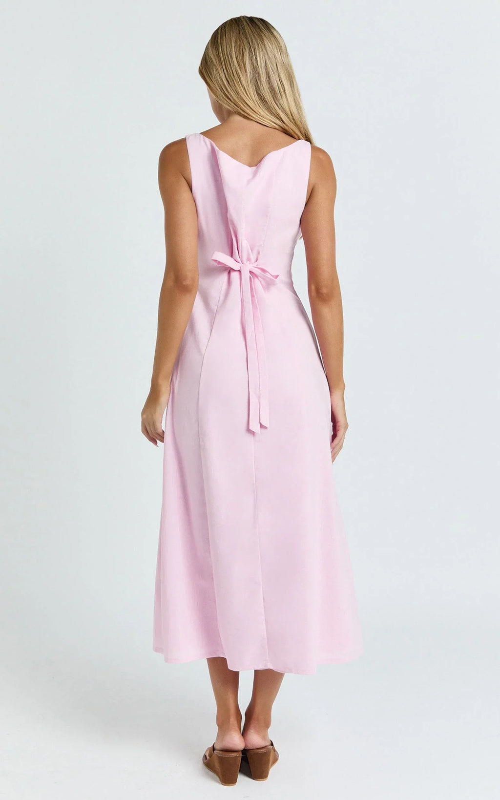 Cameron Midi Dress - Button Front Tie Back Dress in Pink