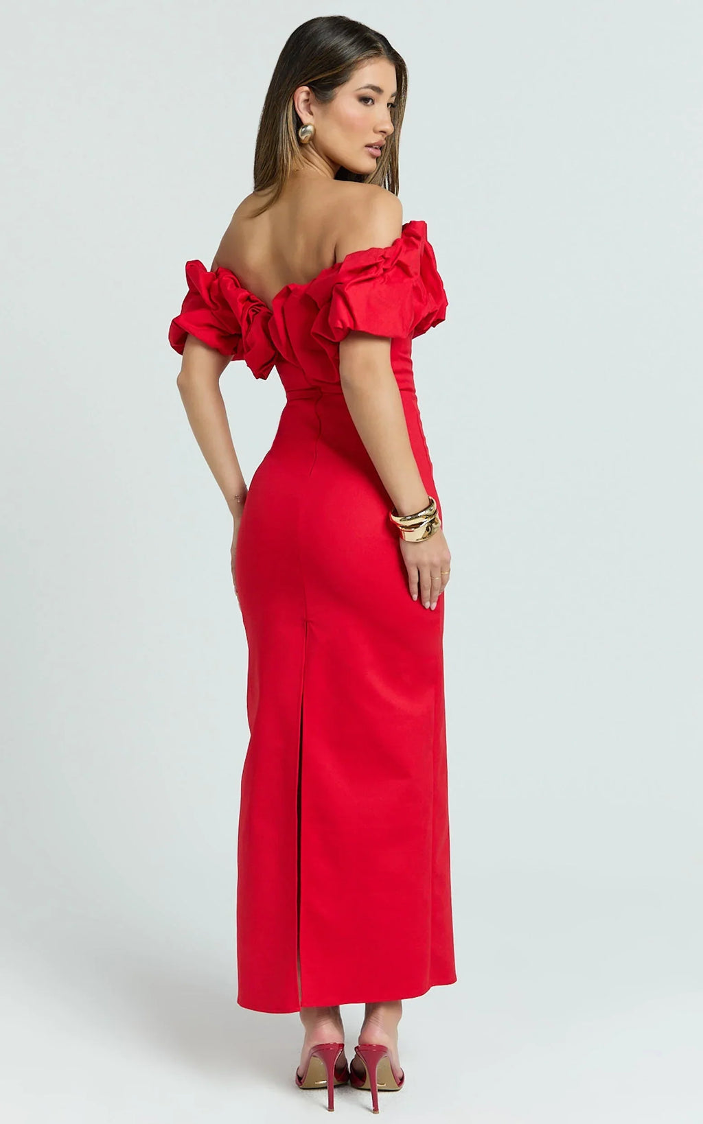 Rhaya Maxi Dress - Ruffle Off Shoulder Fitted Dress in Red