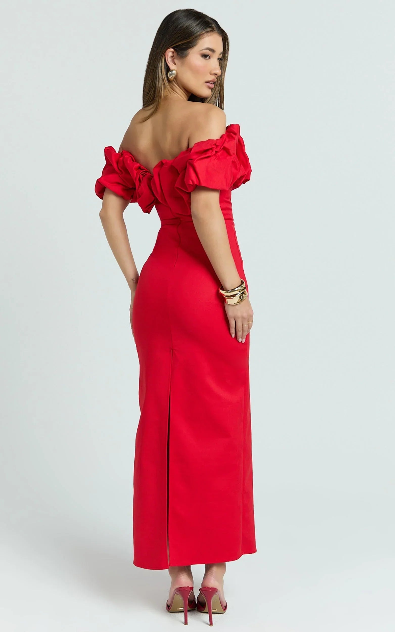 Rhaya Maxi Dress - Ruffle Off Shoulder Fitted Dress in Red