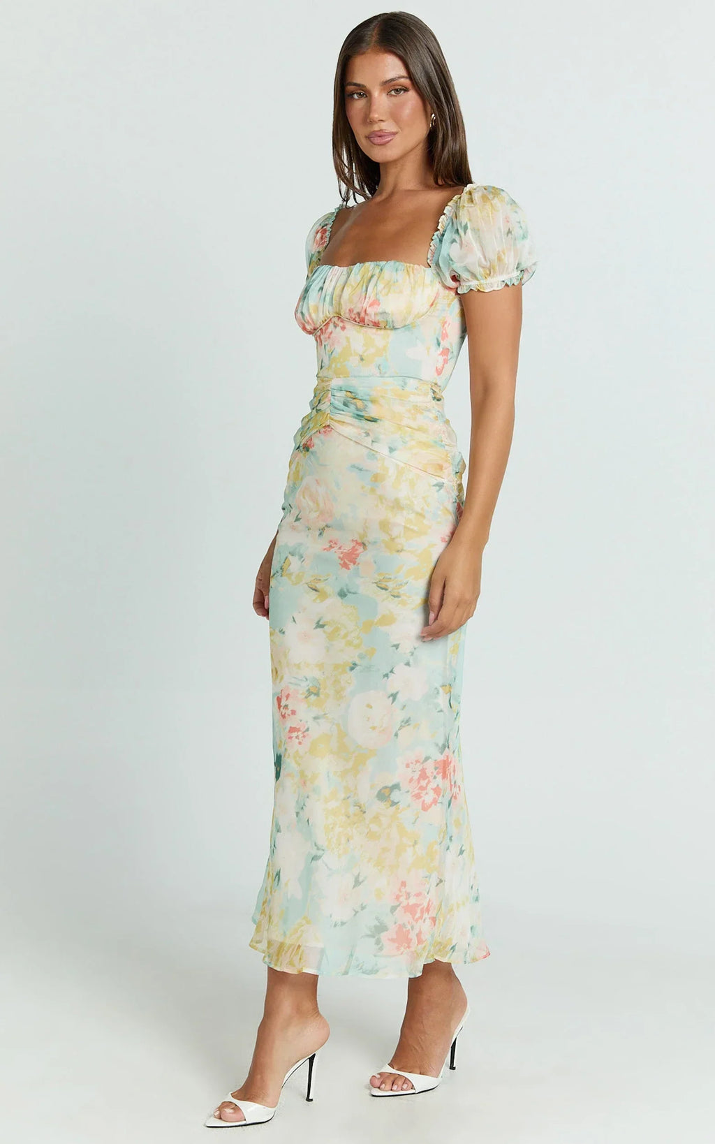 Debina Maxi Dress - Sweetheart Neckline Short Sleeve Dress in Yellow