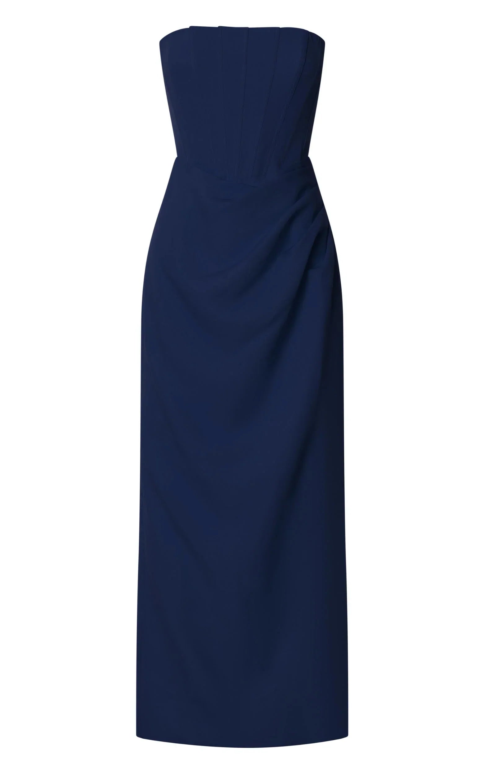 Avery Midi Dress - Strapless Draped Side Split Dress in Navy