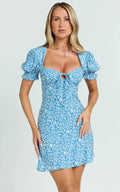 Jacky Mini Dress - Sweetheart Puff Sleeve Mini Dress in Blue Floral