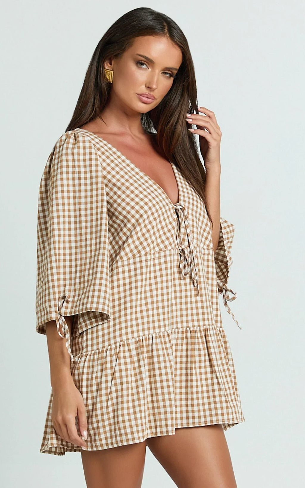 Nour Mini Dress - High Neck Tie Front Drop Waist Gathered Skirt Dress in Caramel/White Gingham