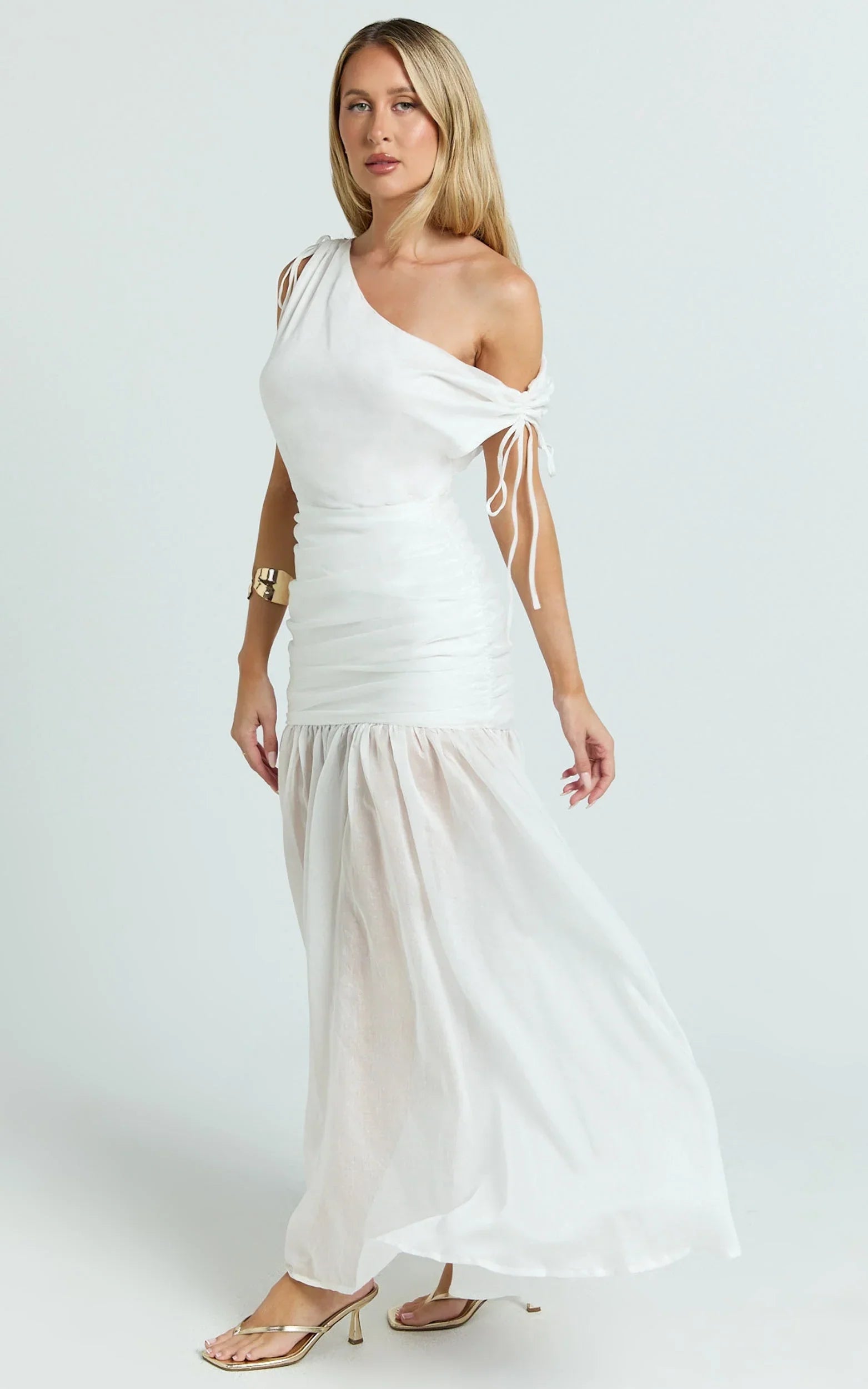 Mackenzie Maxi Dress - Tipped Shoulder Drop Waist Full Gathered Skirt Dress in White