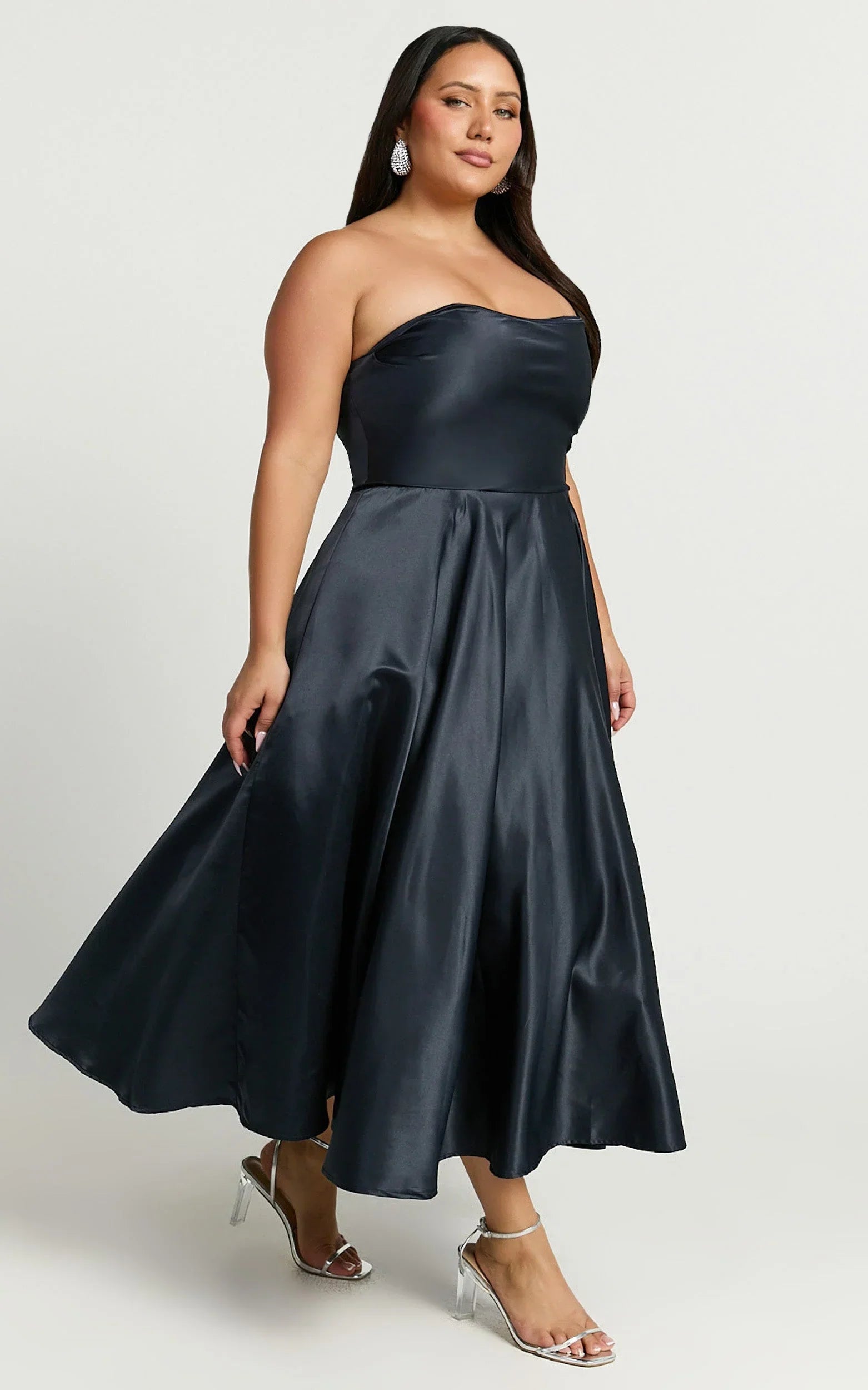 Helaina Midi Dress - Line Satin Dress in Navy