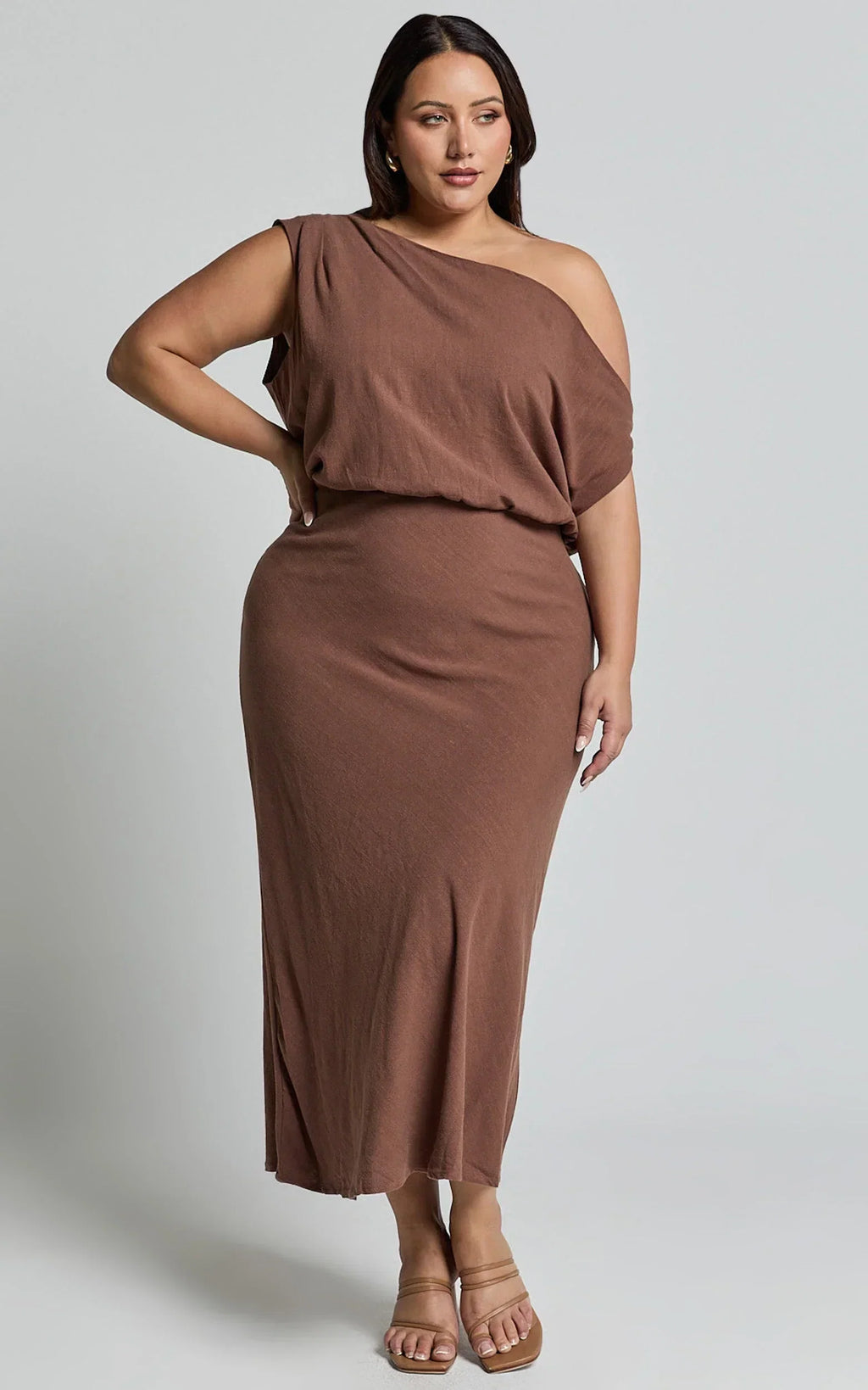 Jacqueline Midi Dress - Linen One Shoulder Dress in Chocolate