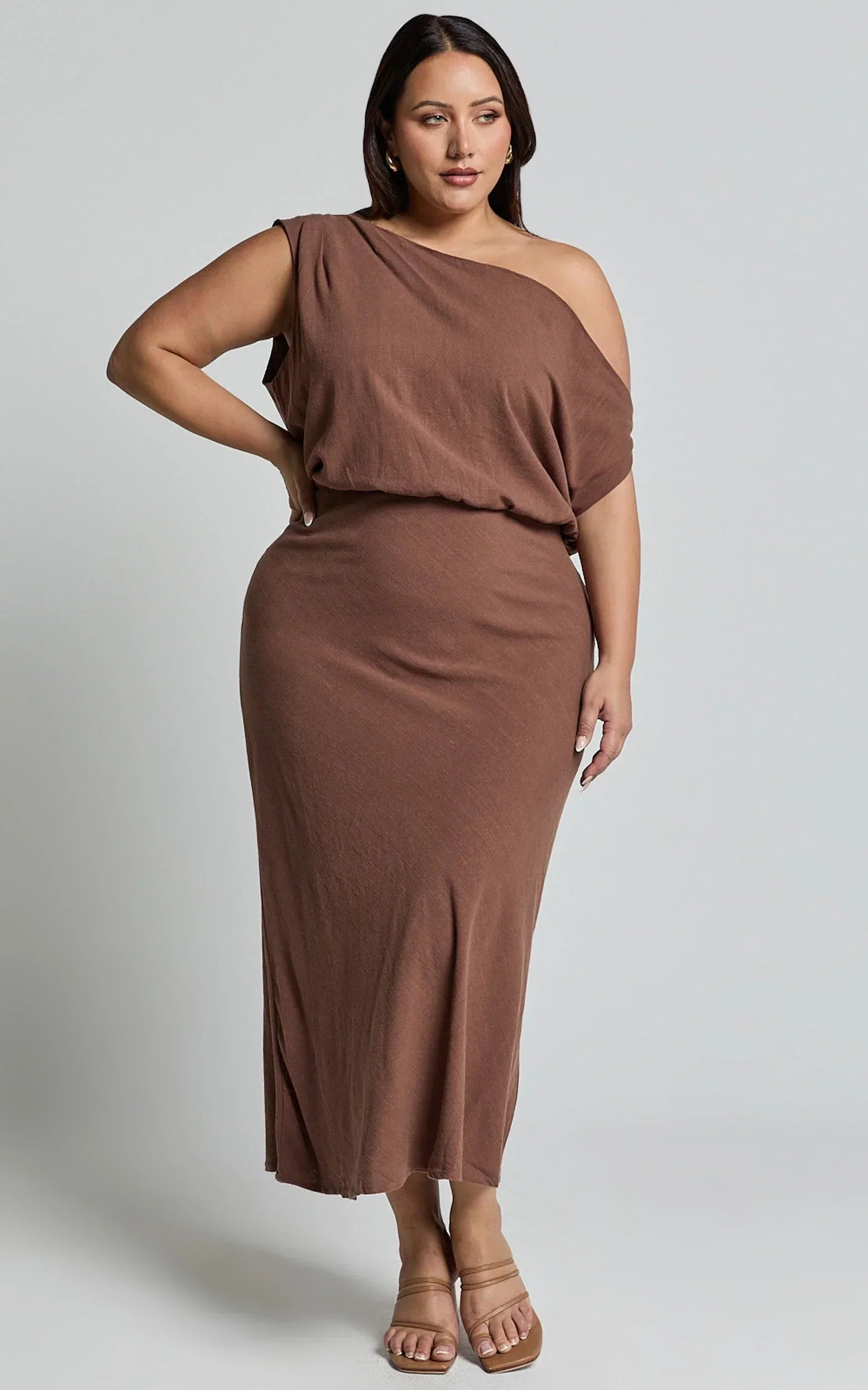 Jacqueline Midi Dress - Linen One Shoulder Dress in Chocolate