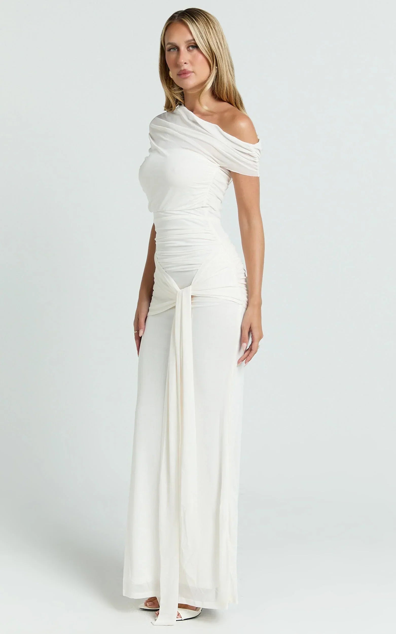 Nicolette Maxi Dress - Cape Sleeve Off Shoulder Dress in Cream