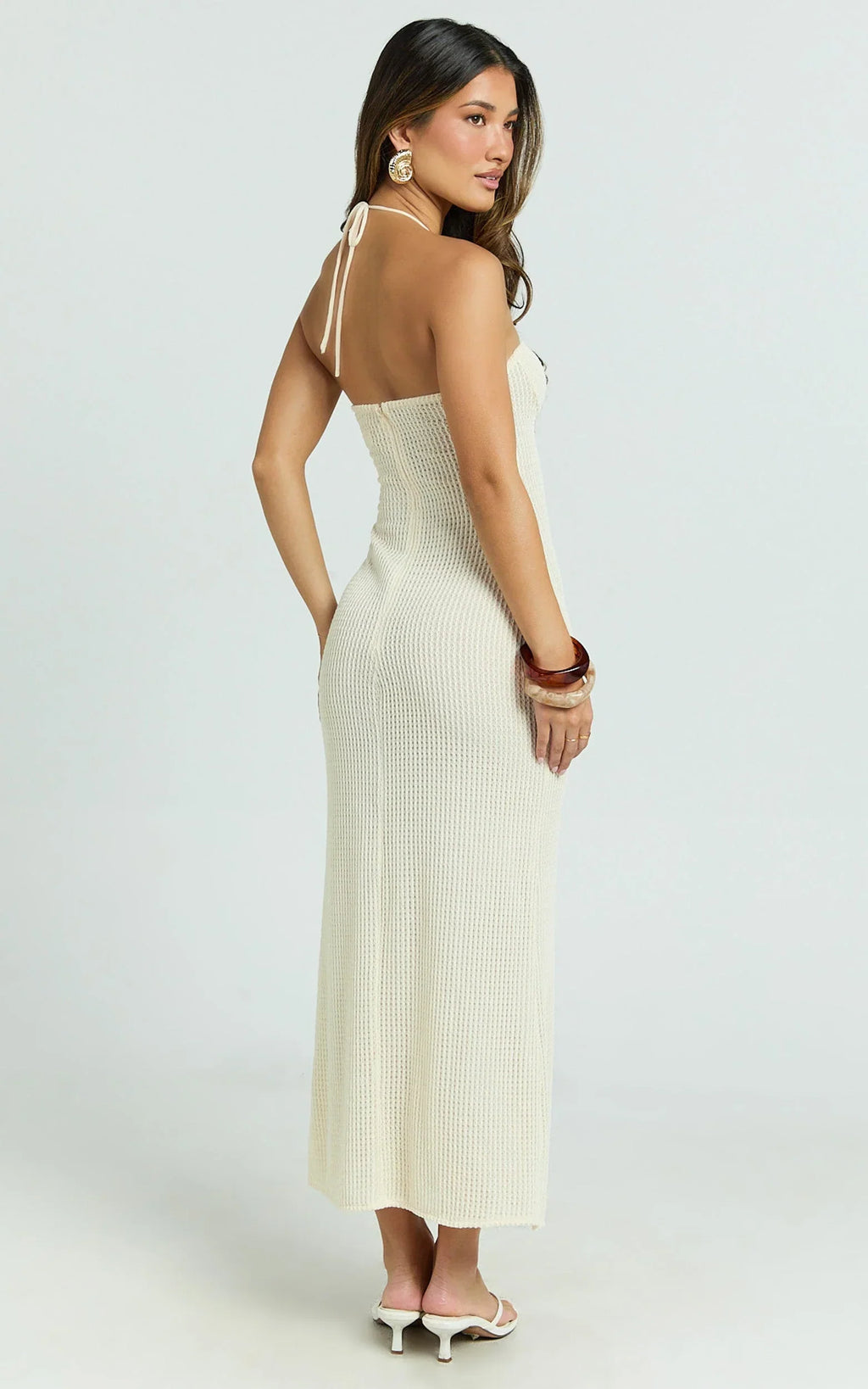 Blaire Midi Dress - Strappy Ruched Front Column Fitted Textured Jersey Dress in Off White