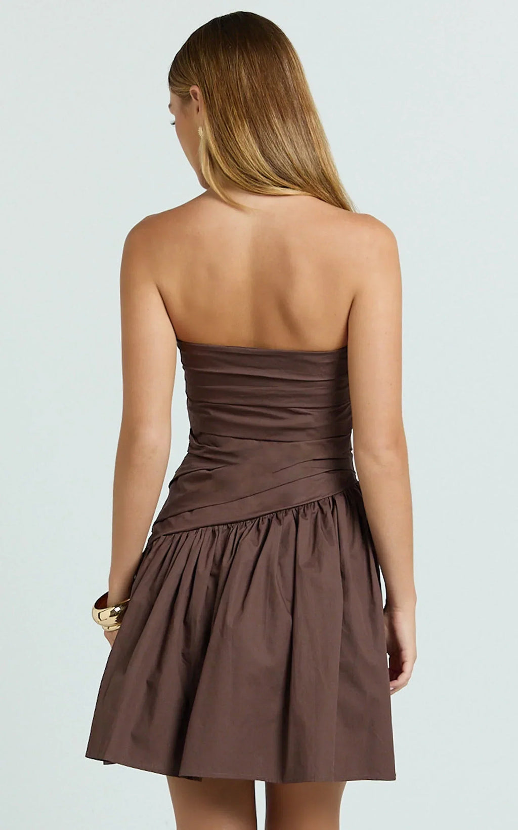 Almera Mini Dress - Strapless Ruched Dress in Chocolate