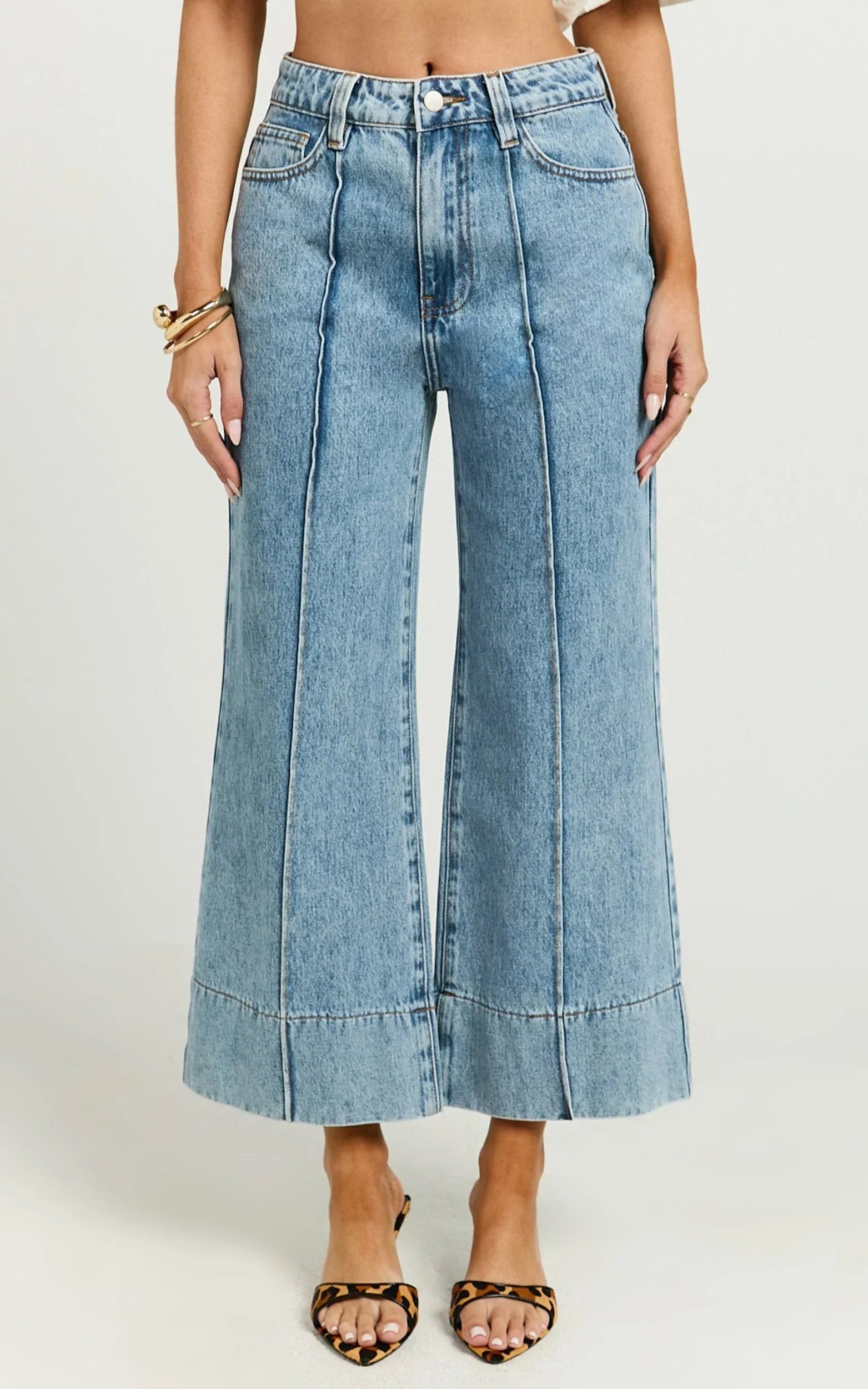 Jolene Jeans - Mid Rise Wide Leg Recycled Denim Cropped Jeans in Mid Blue Wash