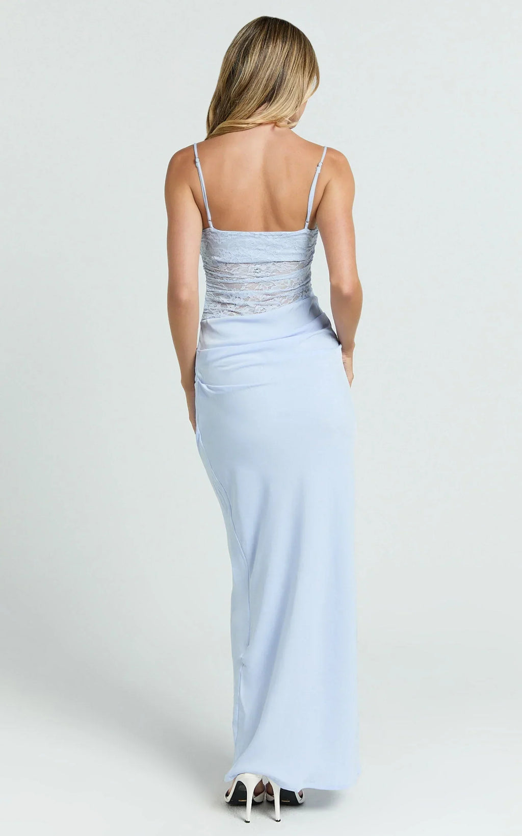 Rania Maxi Dress - Contrast Lace Bodice Bias Cowl Drop Waist Dress in Soft Blue