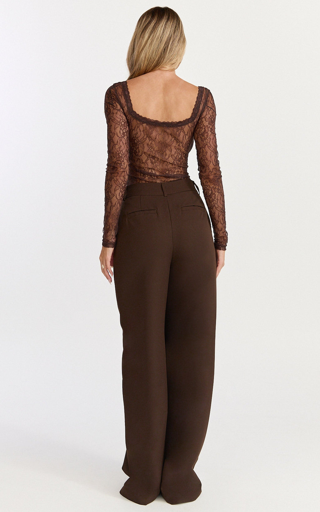 Cynthia Bodysuit - Long Sleeve Lace Bodysuit in Chocolate