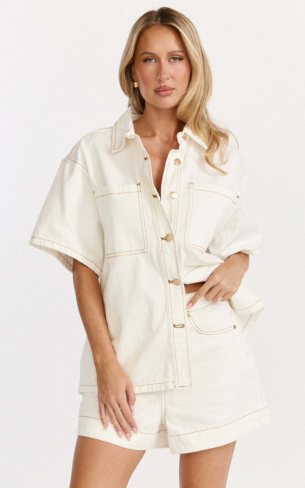 Iris Top - Oversized Recycled Denim Short Sleeve Shirt in Ecru with Contrast Tobacco Stitch