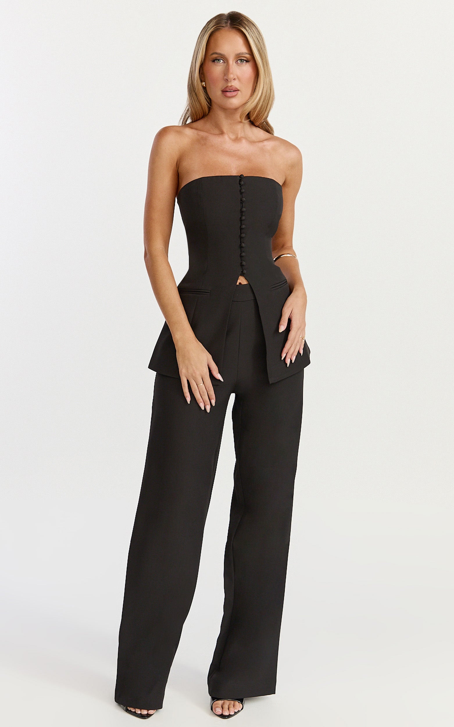 Amelia Two Piece Top and Pant Set - Strapless Button Down Top And Tailored Wide Leg Pants Set in Black