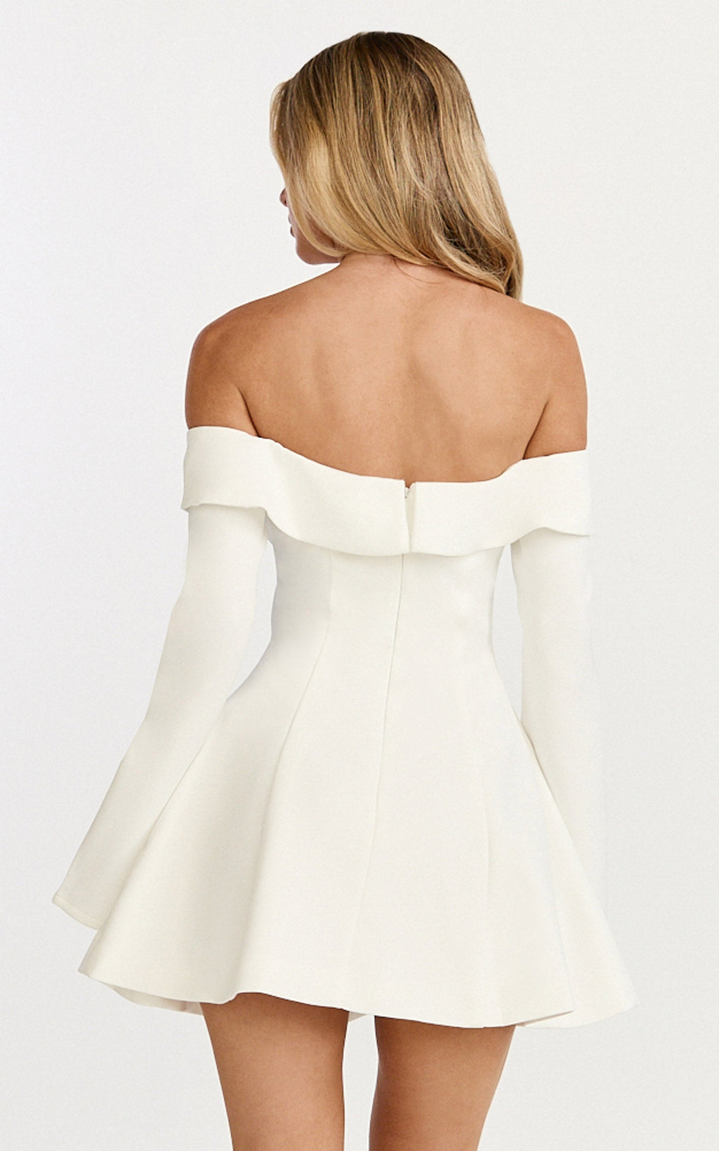 Collette Mini Dress - Off Shoulder Long Sleeve Godet Flare Dress in White