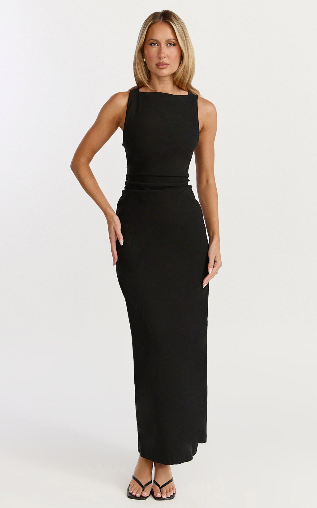 Liora Midi Dress - Boat Neck Side Twist Strap Midi Dress in Black