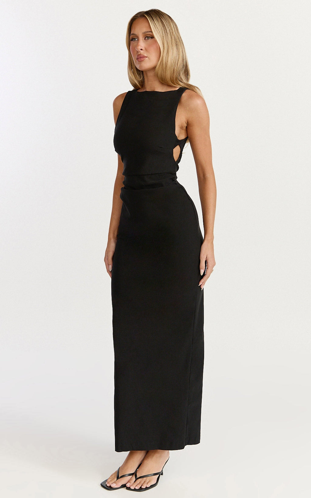 Liora Midi Dress - Boat Neck Side Twist Strap Midi Dress in Black