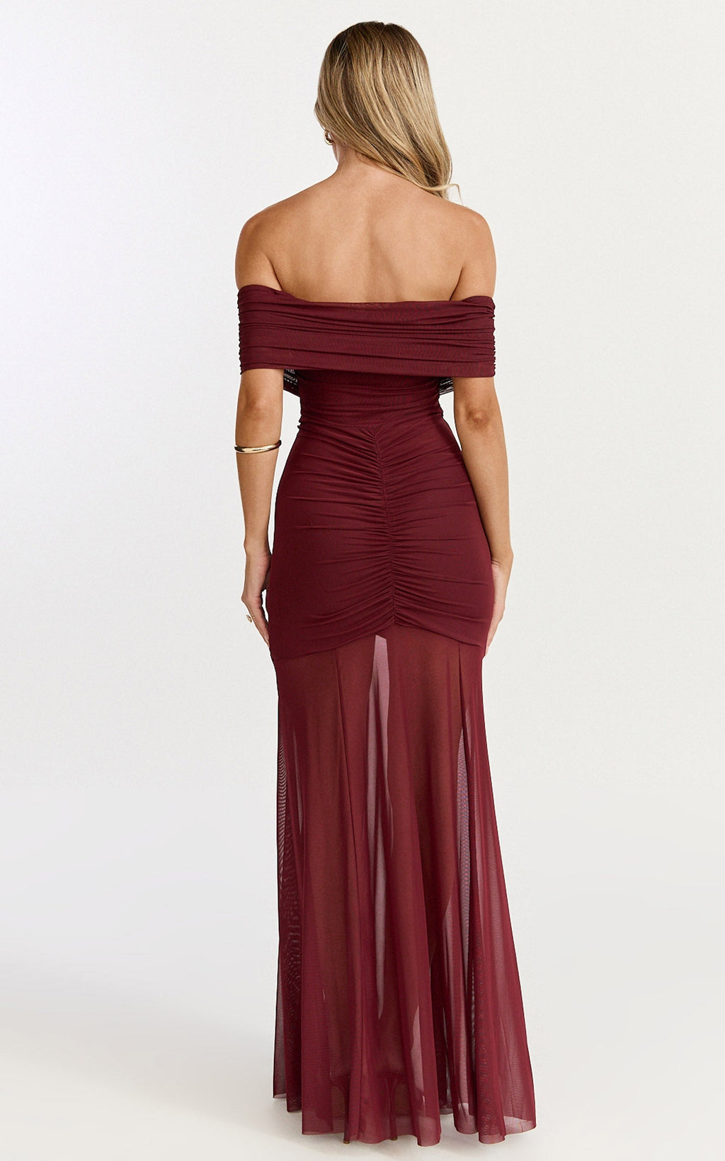 Alanna Maxi Dress - Off Shoulder Ruched Mesh Dress in Wine