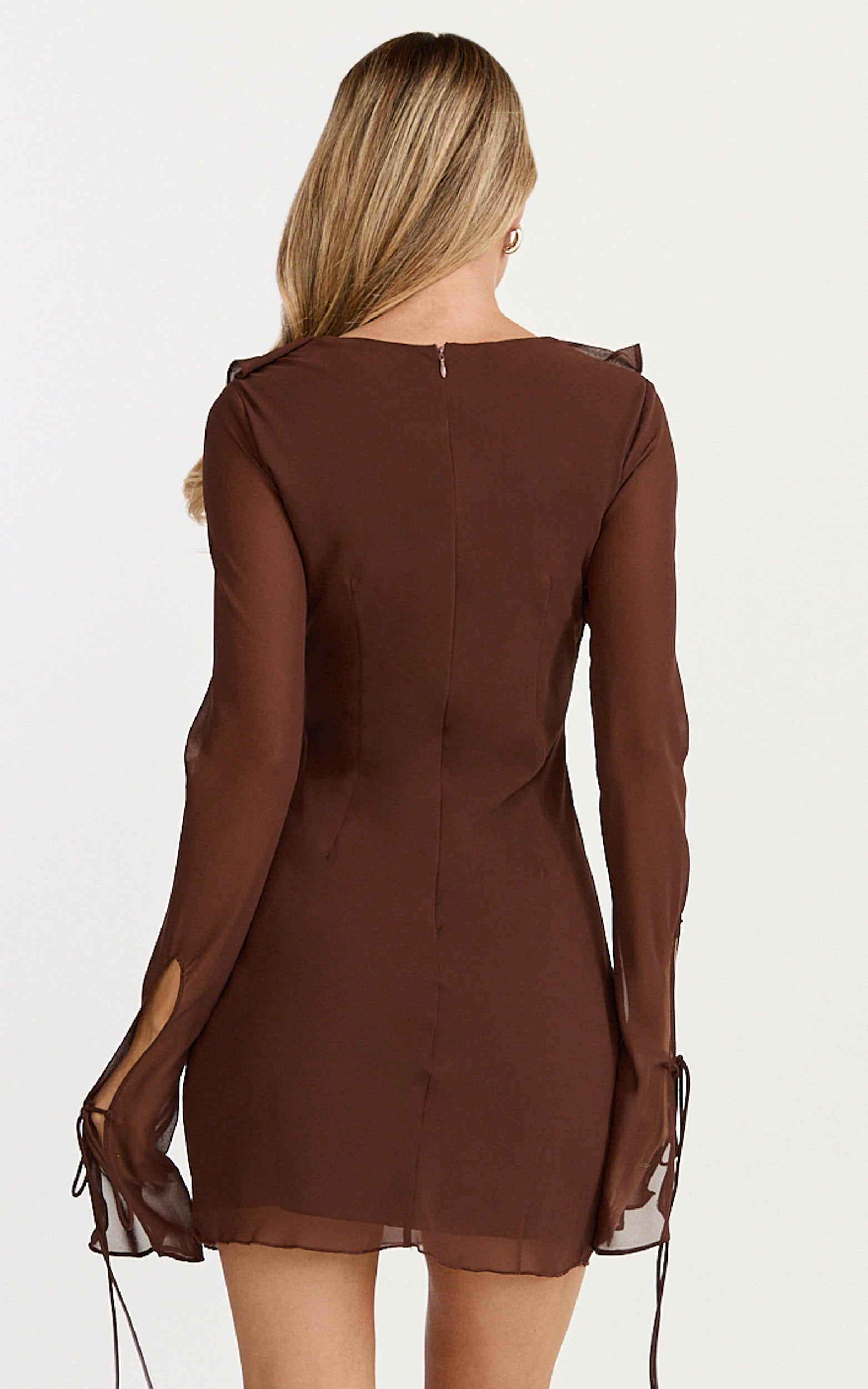 Alesya Mini Dress - Ruffle Plunge Neck Long Sleeve Tie Detail Dress in Chocolate
