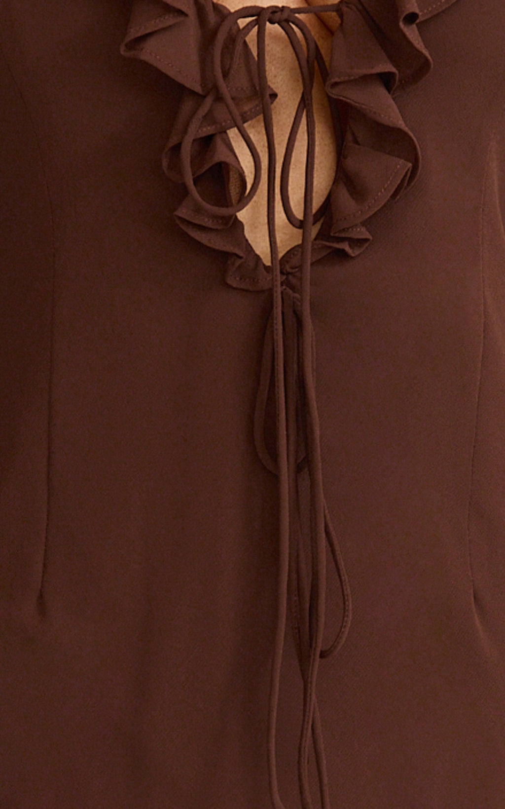 Alesya Mini Dress - Ruffle Plunge Neck Long Sleeve Tie Detail Dress in Chocolate