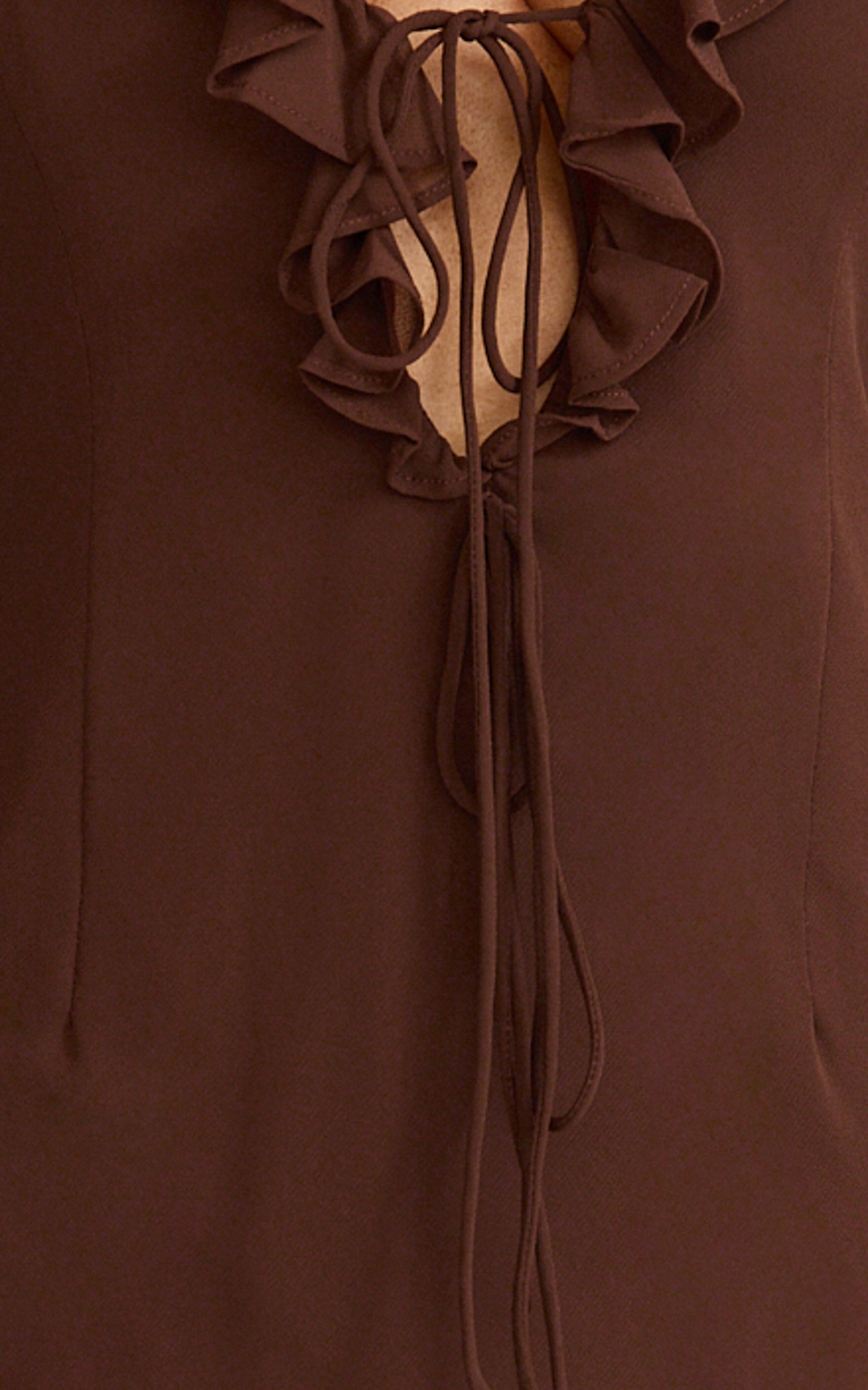 Alesya Mini Dress - Ruffle Plunge Neck Long Sleeve Tie Detail Dress in Chocolate