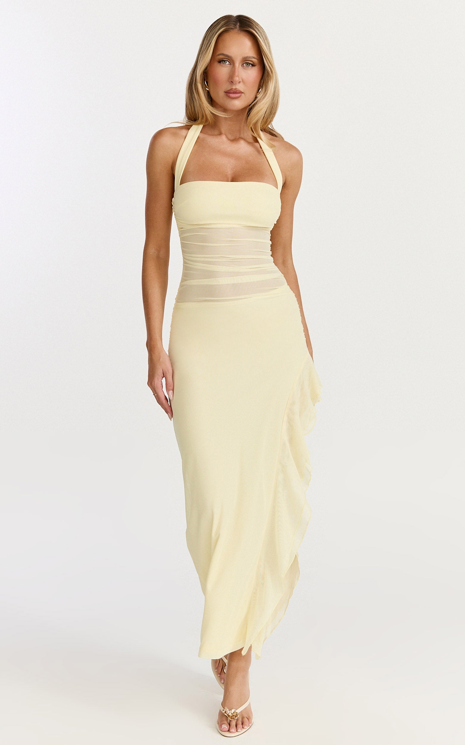 Almarie Midi Dress - Halter Neck Mesh Dress in Lemon