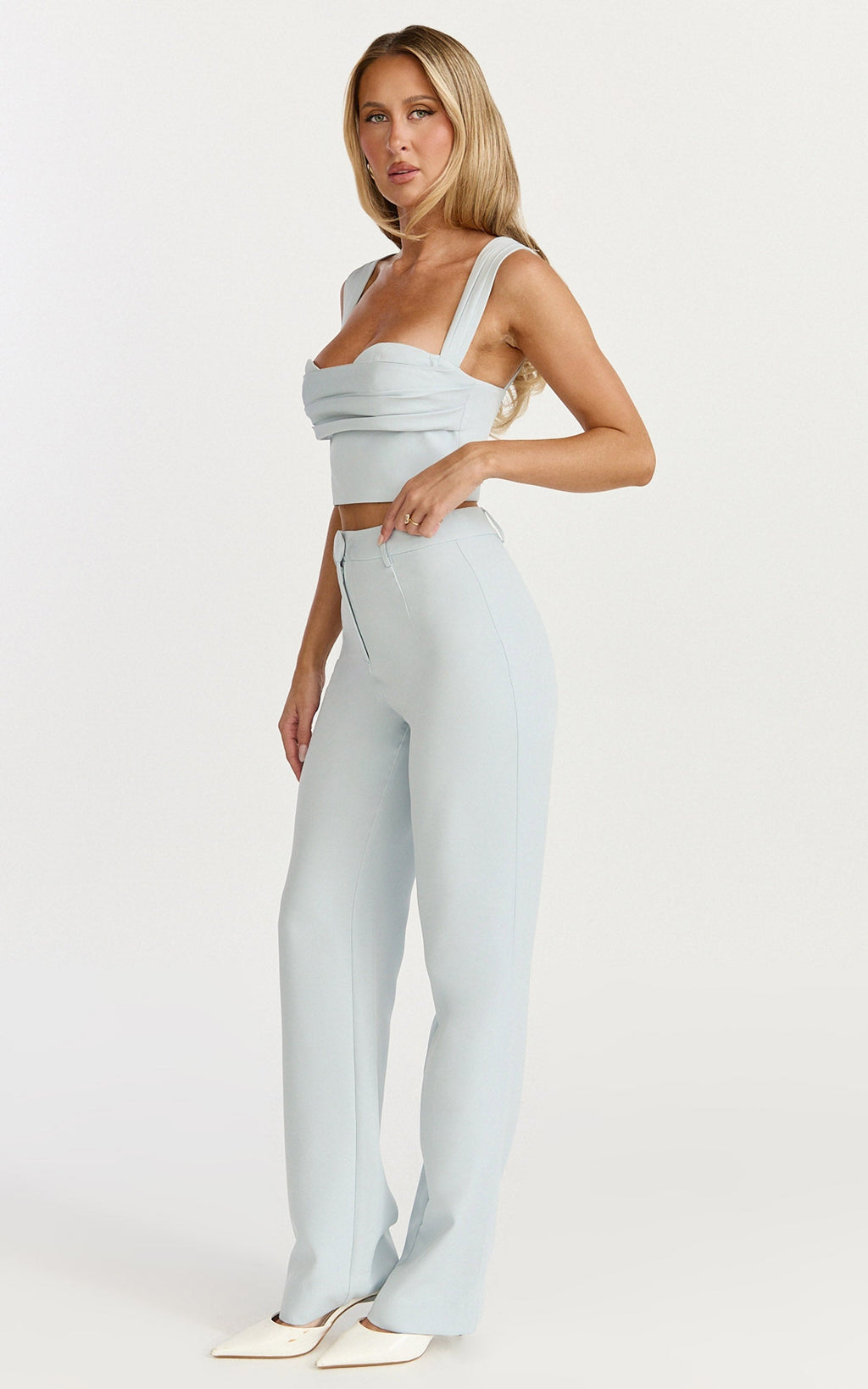 Kenna Two Piece Set - Gathered Bust Top And High Waist Straight Leg Pants Set in Baby Blue