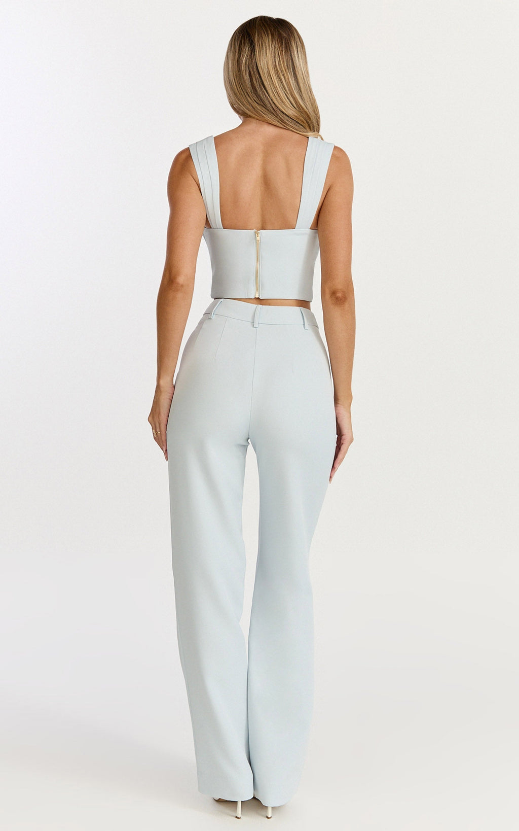 Kenna Two Piece Set - Gathered Bust Top And High Waist Straight Leg Pants Set in Baby Blue