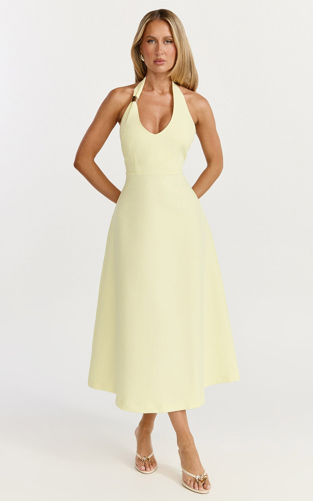 Leilani Midi Dress - Plunge Neck Hardware Fit and Flare Dress in Lemon