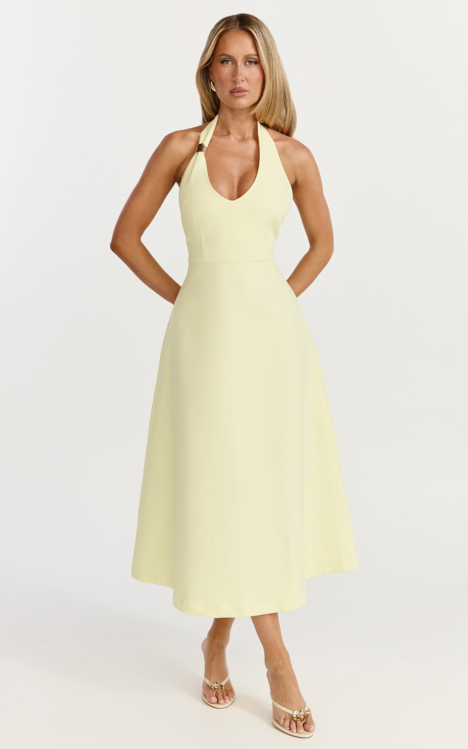 Leilani Midi Dress - Plunge Neck Hardware Fit and Flare Dress in Lemon