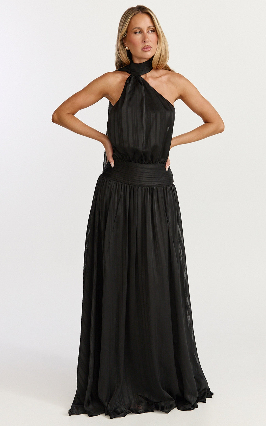 Mirabelle Maxi Dress - Scarf Neck Backless High Low Dress in Black
