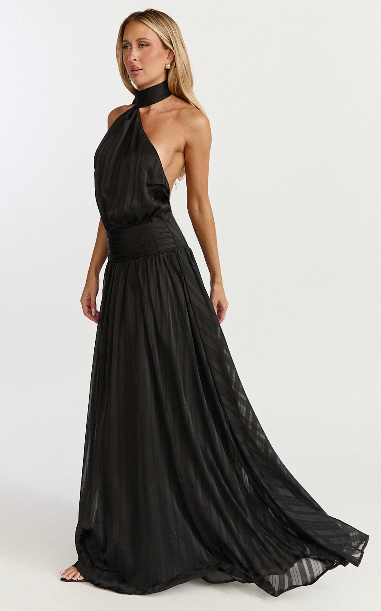 Mirabelle Maxi Dress - Scarf Neck Backless High Low Dress in Black