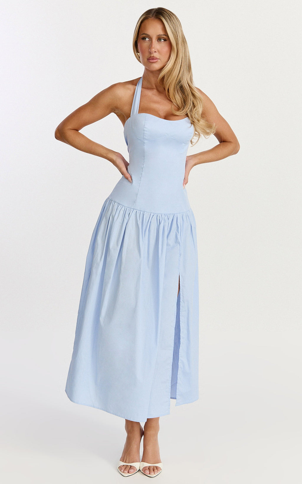 Nyx Midi Dress - Halter Neck Drop Waist Dress in Blue