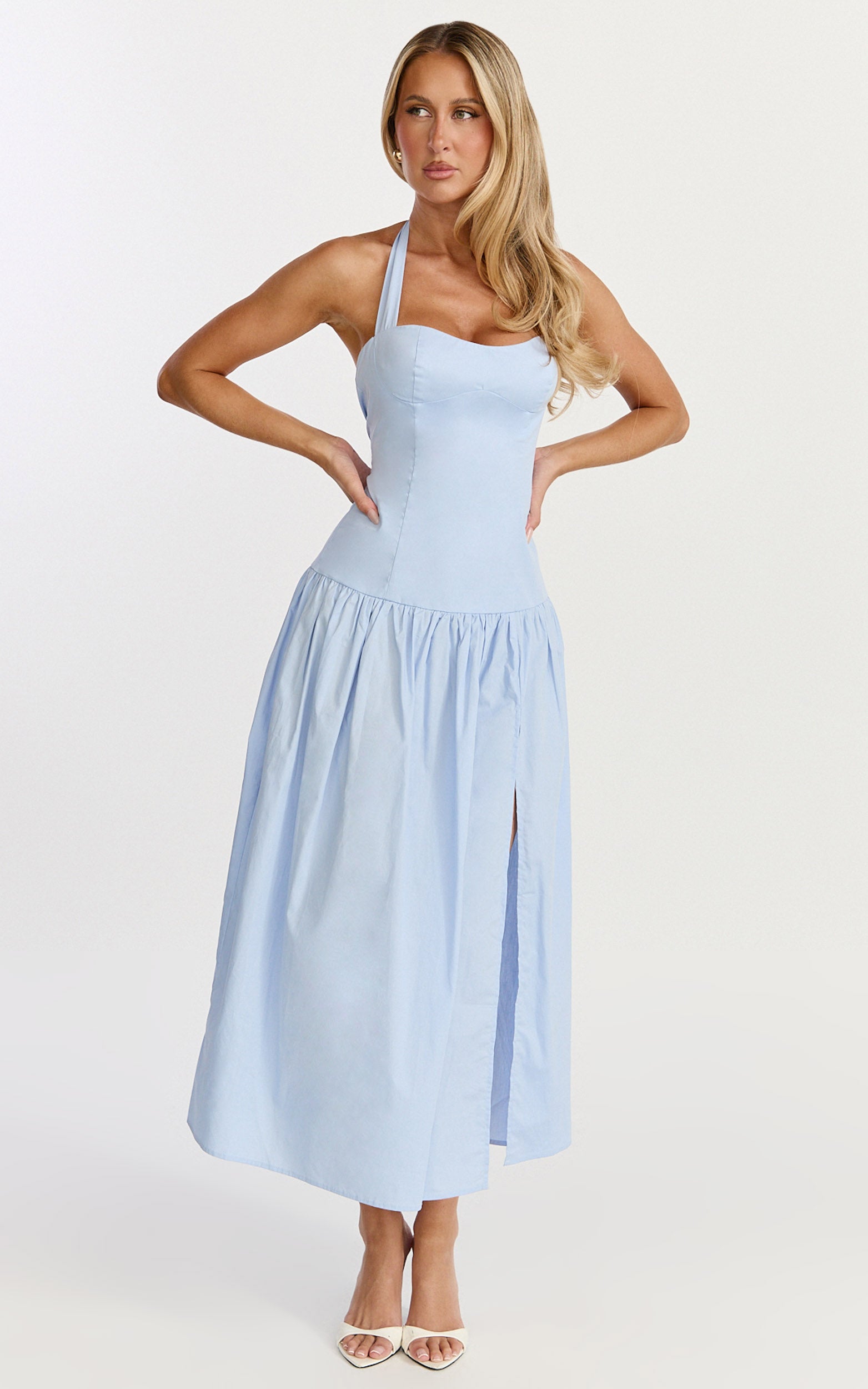 Nyx Midi Dress - Halter Neck Drop Waist Dress in Blue
