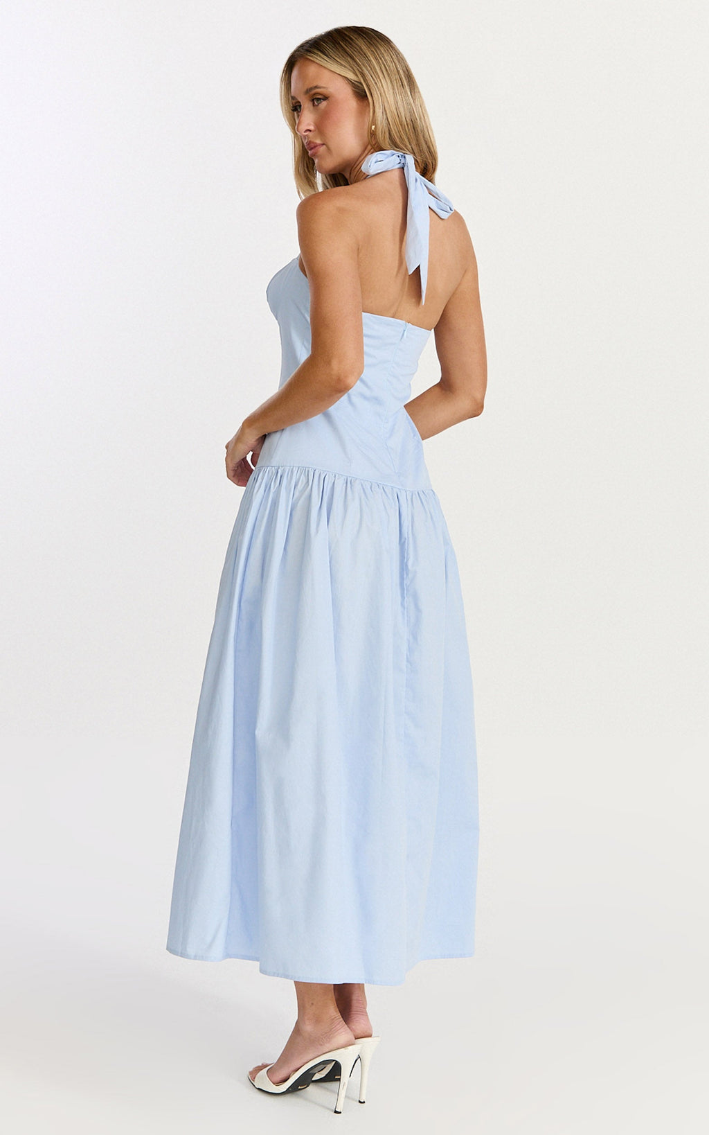 Nyx Midi Dress - Halter Neck Drop Waist Dress in Blue