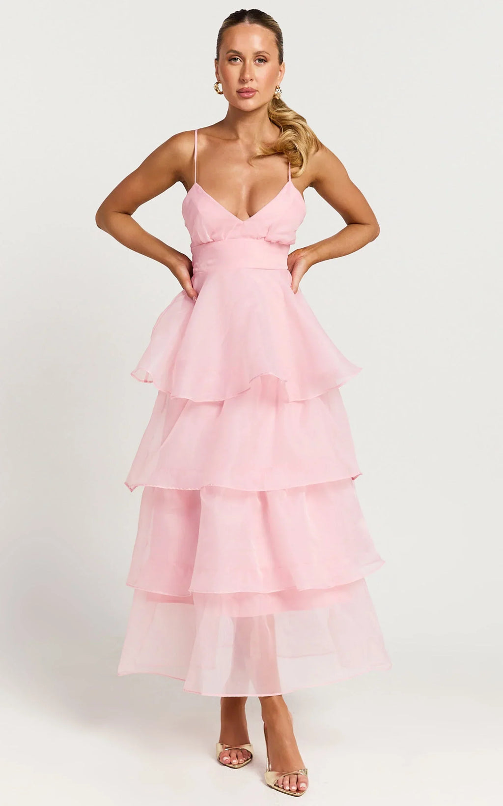 Cindy Midi Dress - Layered Skirt Dress in Soft Pink