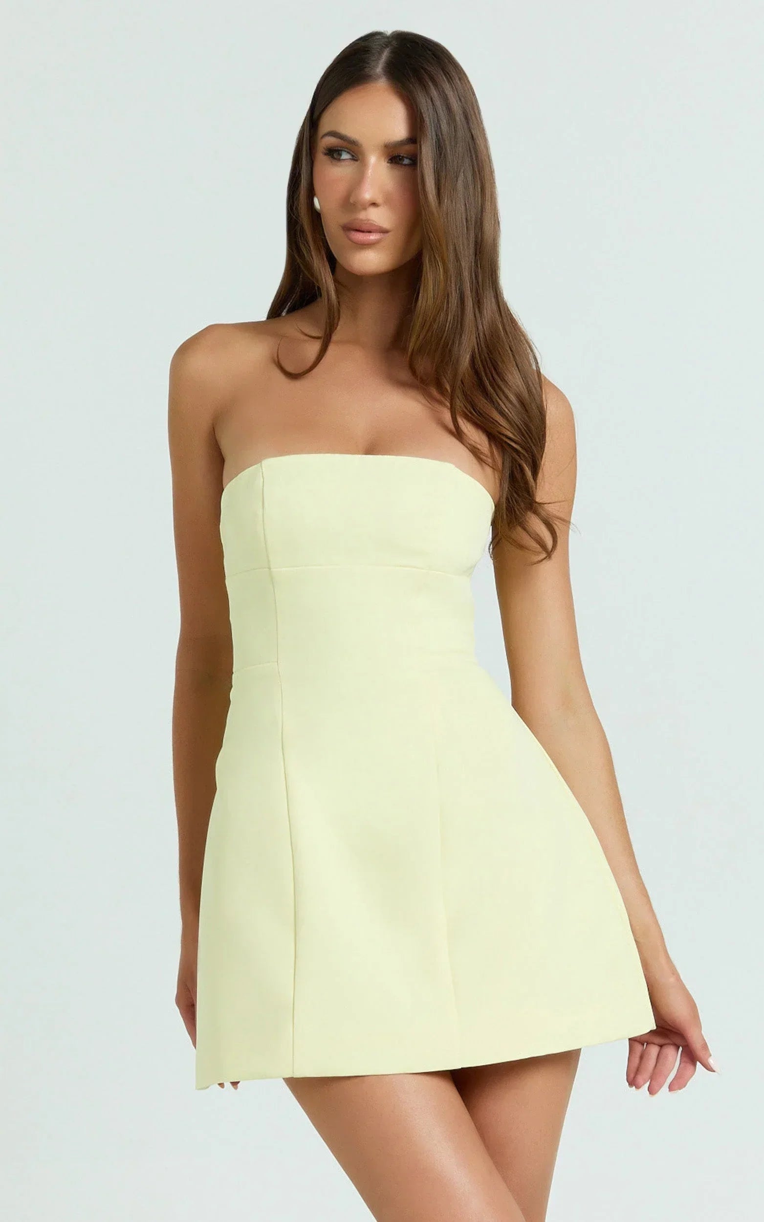 Catharine Mini Dress - Strapless A Line Dress in Lemon