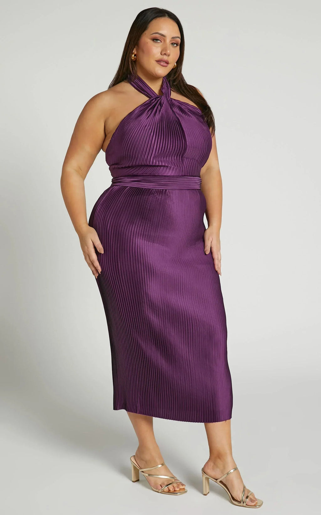 Marlette Midi Dress - Pleated Open Back Halter Dress in Aubergine